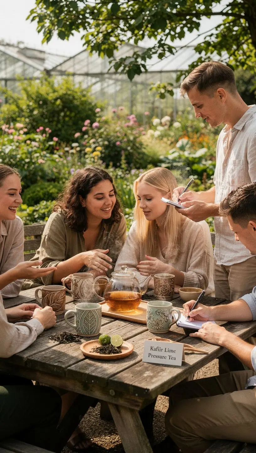 Kafiro kalkių arbata su šviežiais lapais ir žaliais citrinos vaisiais.
