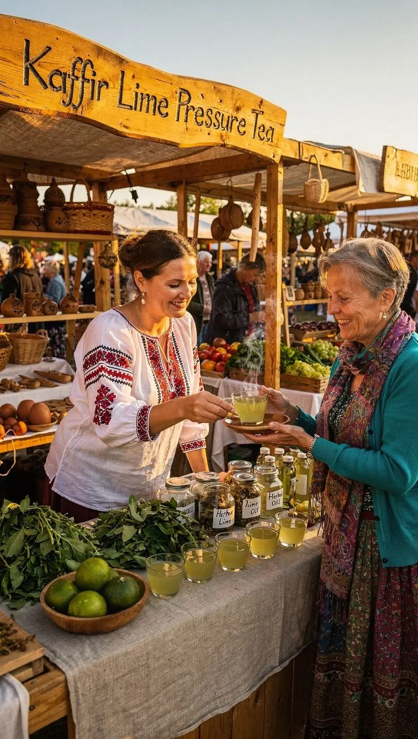 Kafro kalkių lapai šalia arbatos puodelio ant medinio stalo.