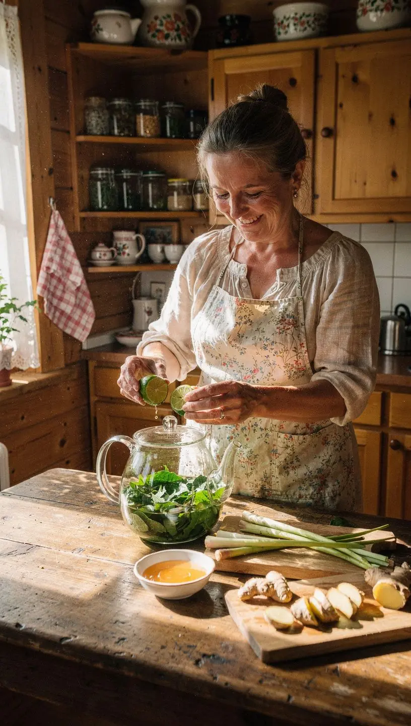 Stiklinė arbatos, garuojanti šviežumu, su citrinos žolelėmis šalia.