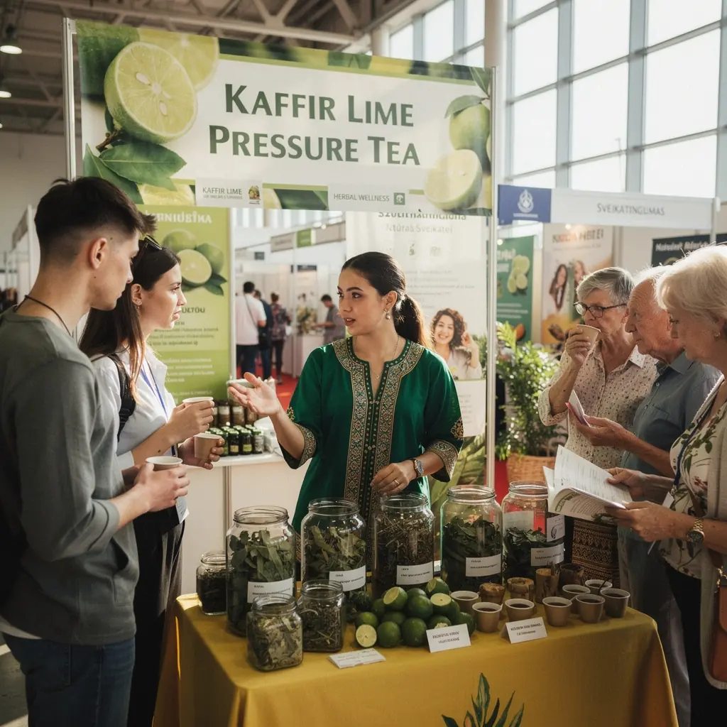 Žaliosios arbatos lapai, sumaišyti su kafiro kalkių aromatu, kuriantys sveiką gėrimą.