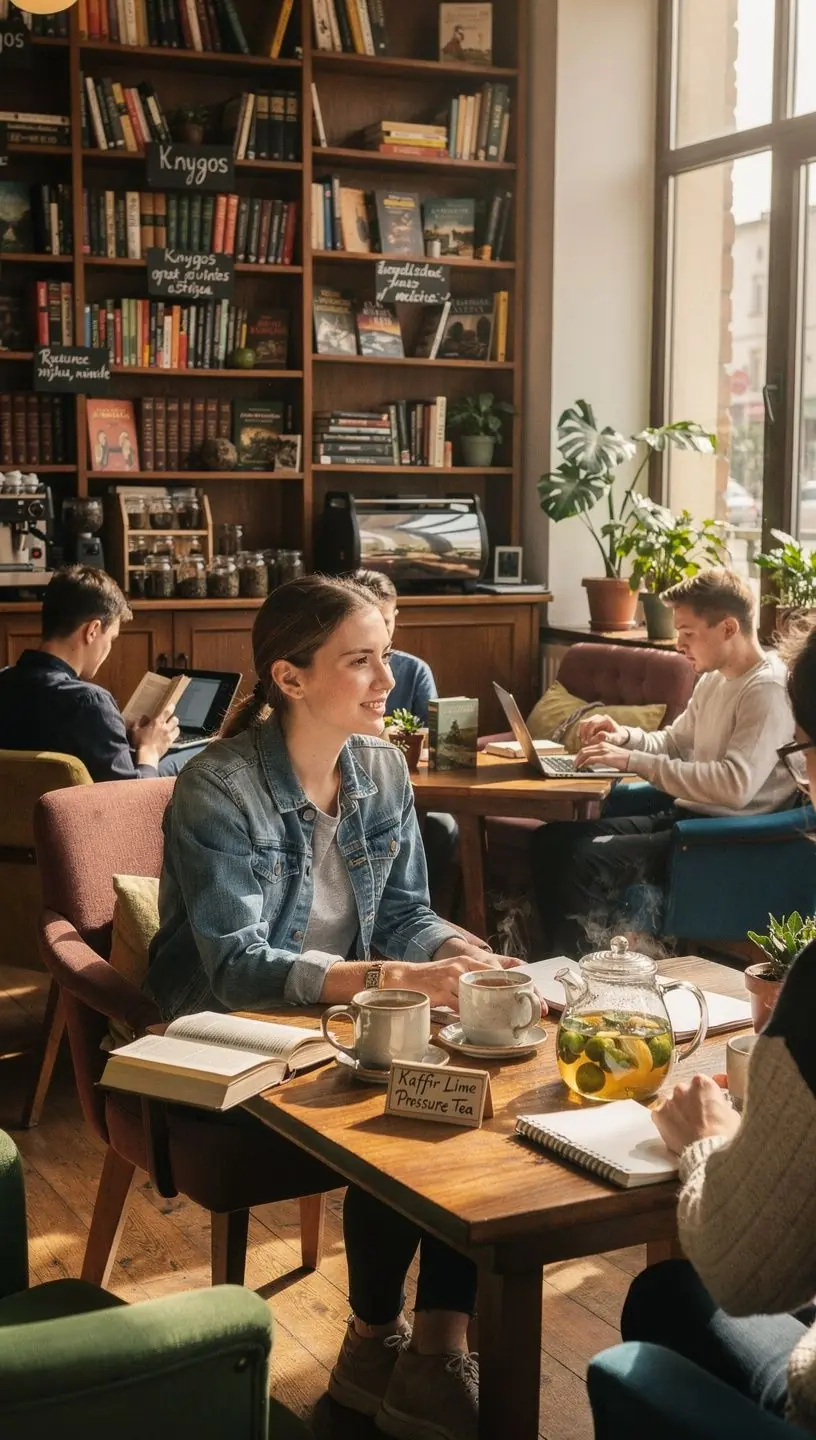 Kafro limeto arbatos puodelis, iš kurio garuoja aromatinis kvapas, ant medinio stalo.