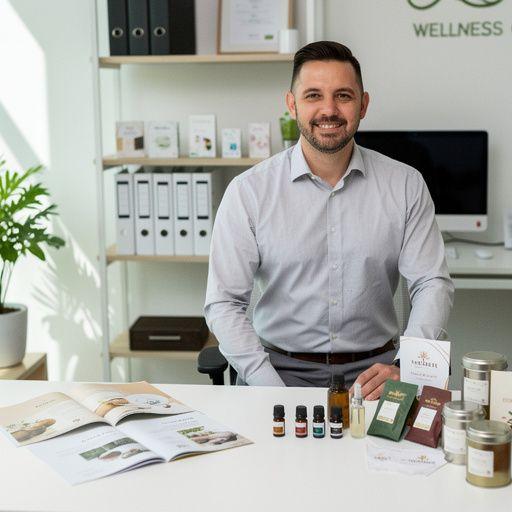 Šiltas arbatos puodelis, išdėstytas ant medinio stalo, su žaliaisiais lapais.